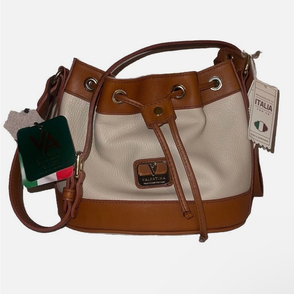 Valentina Italian Pebbled Leather Bucket Bag Cream Tan